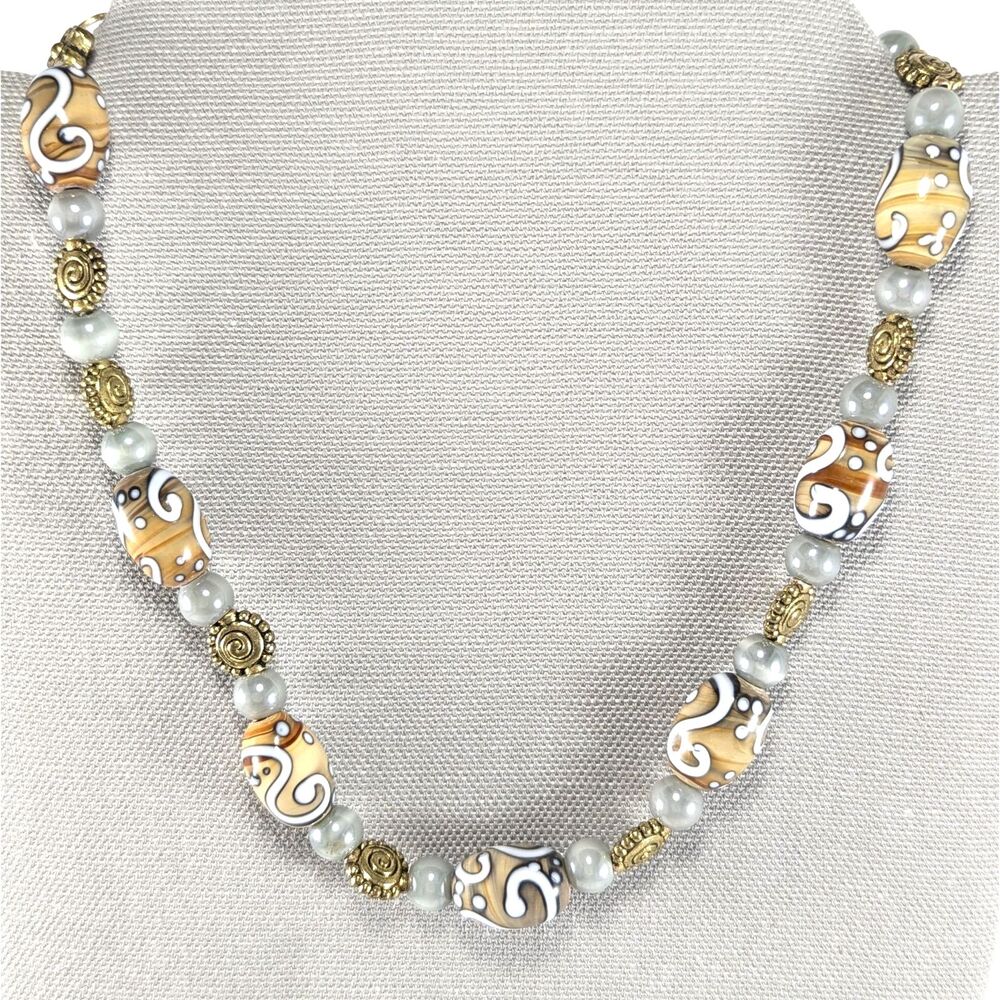 Art Glass Brown Beads with White Swirls Gold Tone Accents Necklace